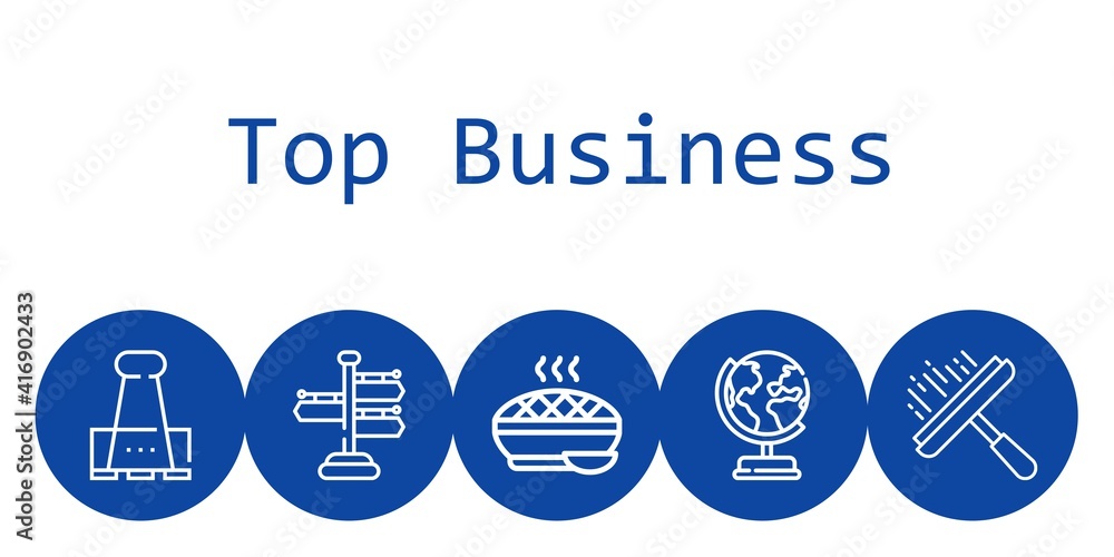 top business background concept with top business icons. Icons related paper clip, signpost, earth globe, window cleaner, pie
