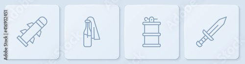 Set line Rocket, Hand smoke grenade, Cocktail molotov and Sword. White square button. Vector.