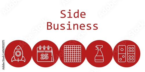 side business background concept with side business icons. Icons related calendar, rocket, tic tac toe, window cleaner, domino
