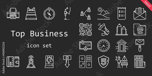 top business icon set. line icon style. top business related icons such as news, antenna, megaphone, german, wallet, mail, printer, cabin, cpu, wall clock, 3d printer, silo