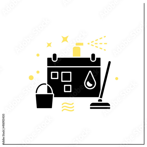 Holiday cleaning glyph icon. Spring cleaning. Sweeping, wiping.Cleanup calendar, schedule. House maintenance. Housekeeping concept.Filled flat sign. Isolated silhouette vector illustration