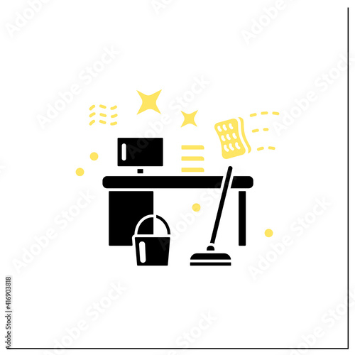 Office cleaning glyph icon. Keeping workplace clean. Tidy office desk. Mopping, wiping, dusting. Cleaning service concept. Filled flat sign. Isolated silhouette vector illustration