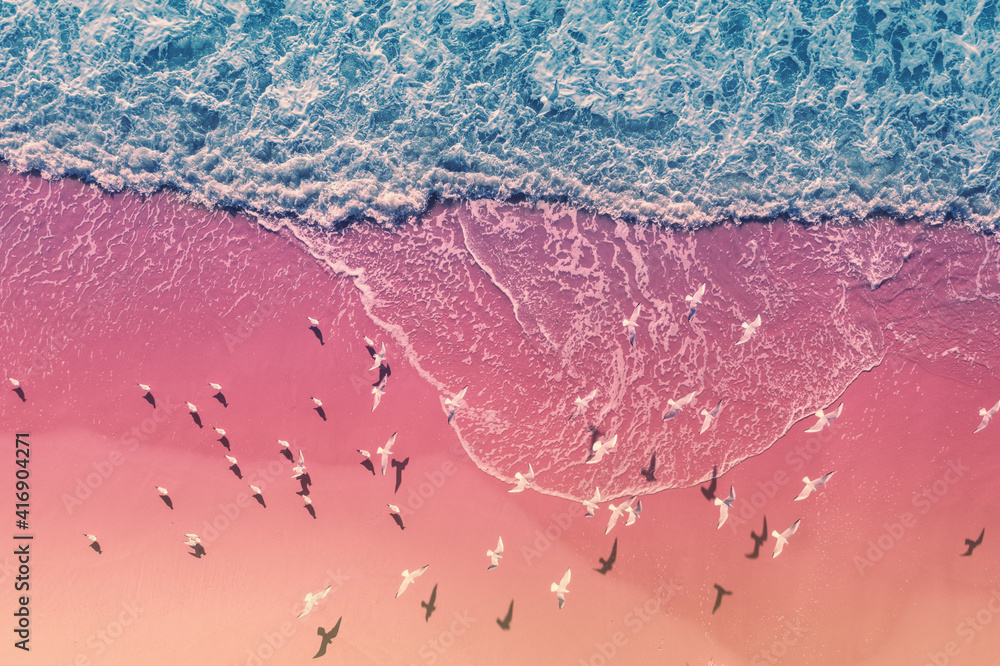 Seascape with seagulls on a sandy beach. Top view of sand and waves. Abstract nature landscape background. Artistic gradient color