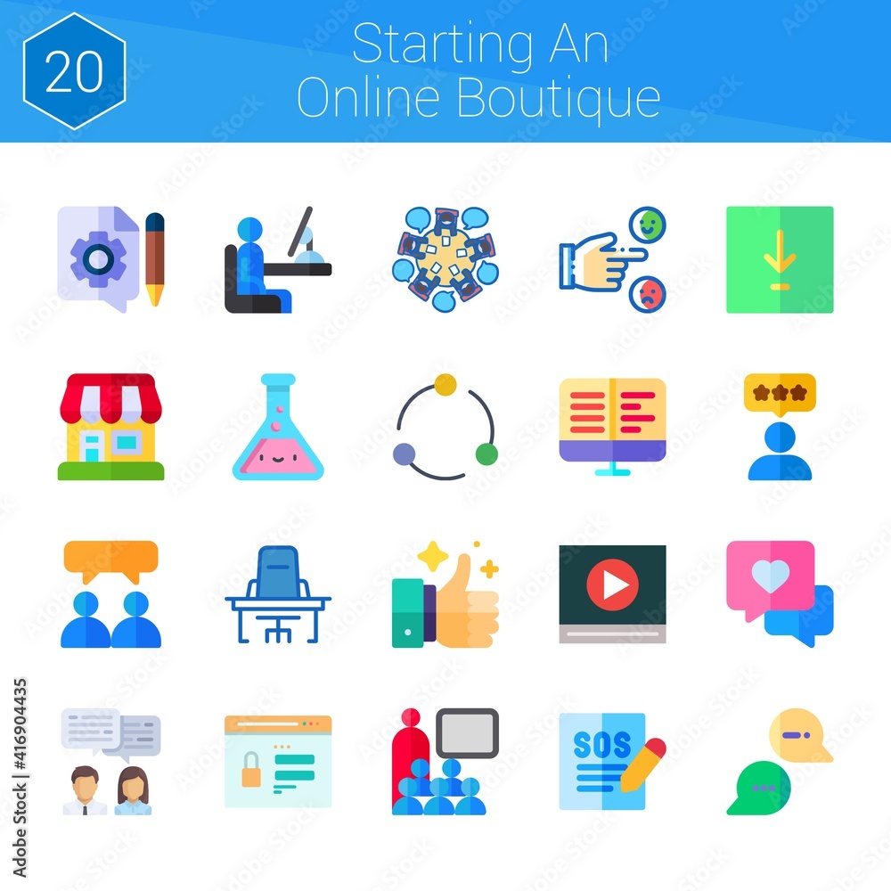 starting an online boutique icon set. 20 flat icons on theme starting an online boutique. collection of conference, shop, customer service, rating, video play, content management, password starting an online boutique icon set. 20 flat icons on theme starting an online boutique. collection of conference, shop, customer service, rating, video play, content management, password