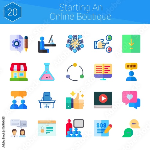 starting an online boutique icon set. 20 flat icons on theme starting an online boutique. collection of conference, shop, customer service, rating, video play, content management, password