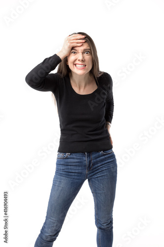 Foto Young caucasian woman acknowledges her mistake or failure.