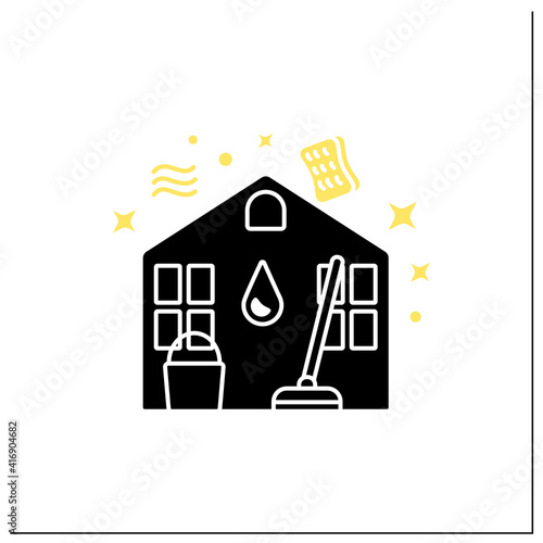 House cleaning glyph icon. Householding things. Bucket and broom inside house. Floor cleaning. Cleaning concept.Filled flat sign. Isolated silhouette vector illustration