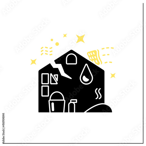 Disaster cleaning glyph icon.Restoration process after earthquake, flooding, fire. Cleanup services. Mopping, wiping, dusting. Cleaning concept.Filled flat sign.Isolated silhouette vector illustration