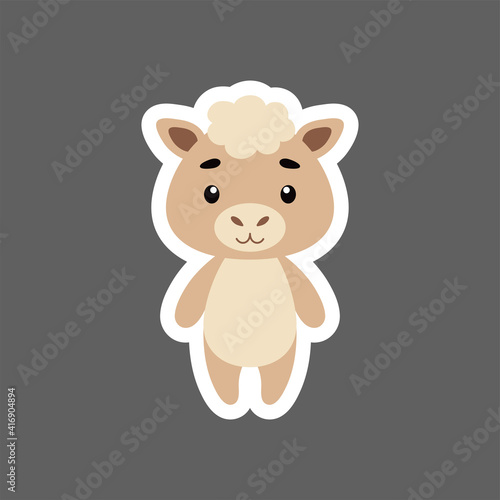 Cute little baby alpaca sticker. Cartoon animal character for kids cards, baby shower, birthday invitation, house interior. Bright colored childish vector illustration in cartoon style.
