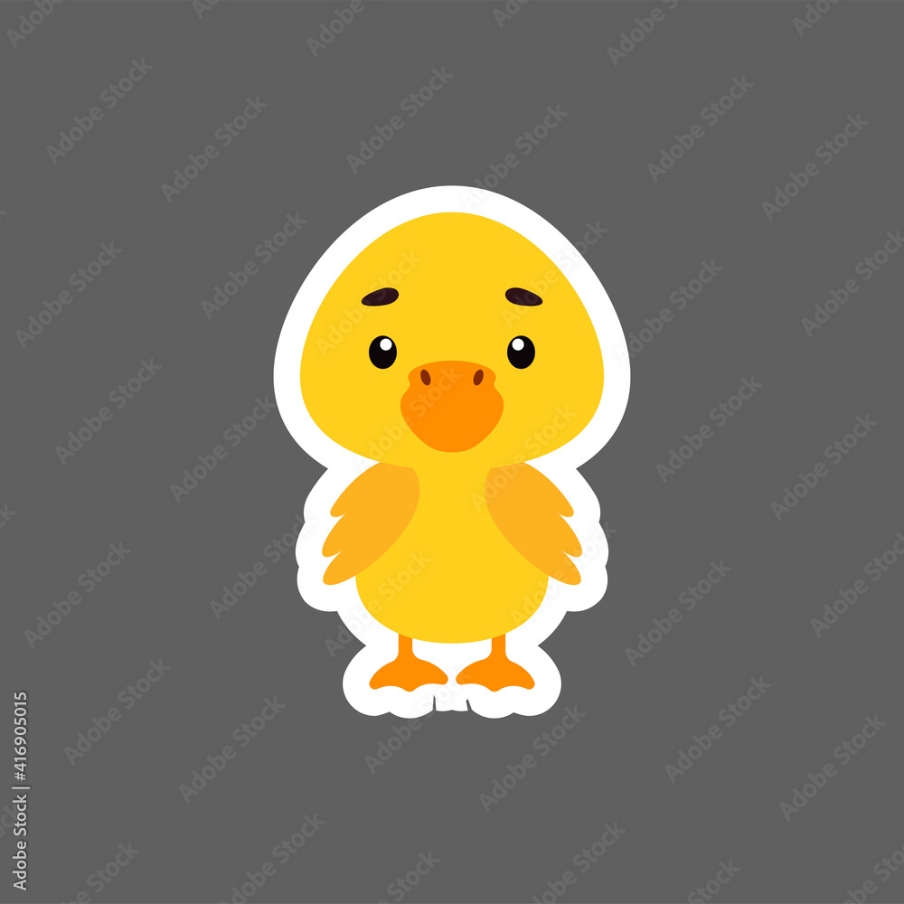Cute little baby duck sticker. Cartoon animal character for kids cards, baby shower, birthday invitation, house interior. Bright colored childish vector illustration in cartoon style. Cute little baby duck sticker. Cartoon animal character for kids cards, baby shower, birthday invitation, house interior. Bright colored childish vector illustration in cartoon style.