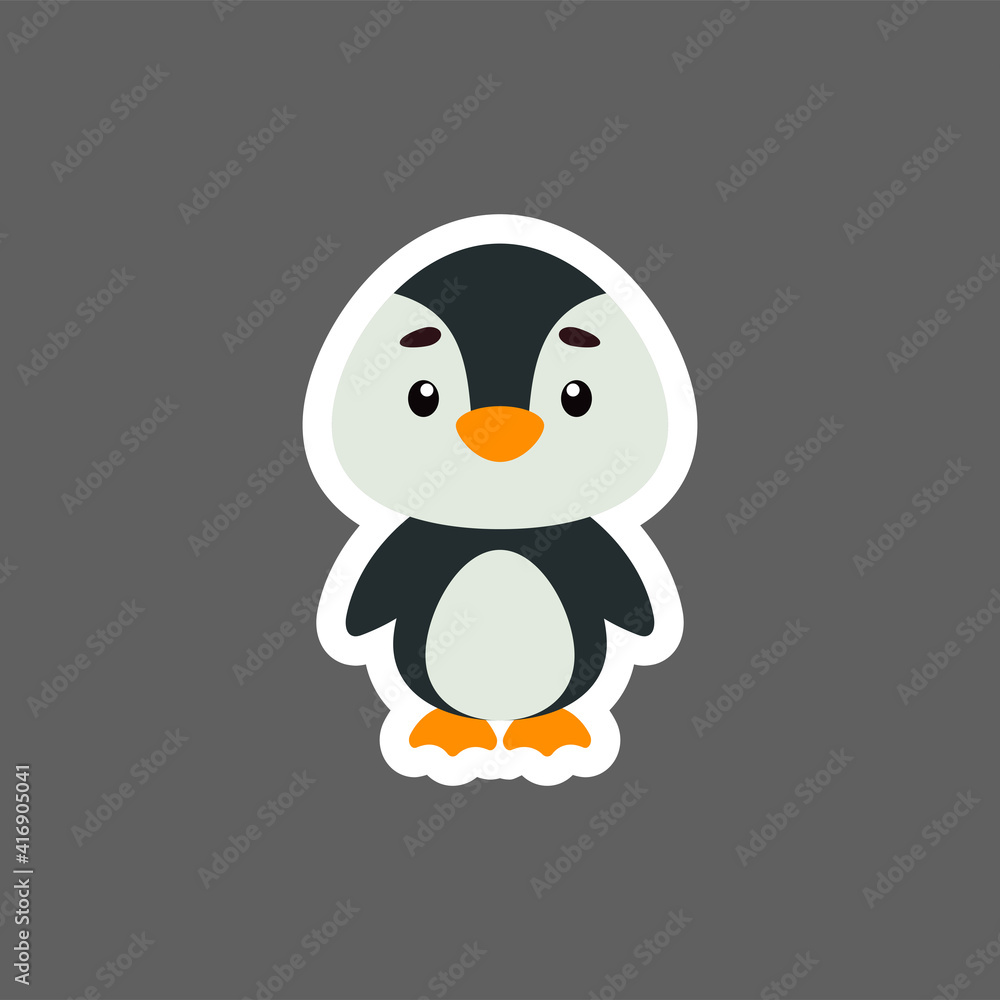 Fototapeta premium Cute little baby penguin sticker. Cartoon animal character for kids cards, baby shower, birthday invitation, house interior. Bright colored childish vector illustration in cartoon style.