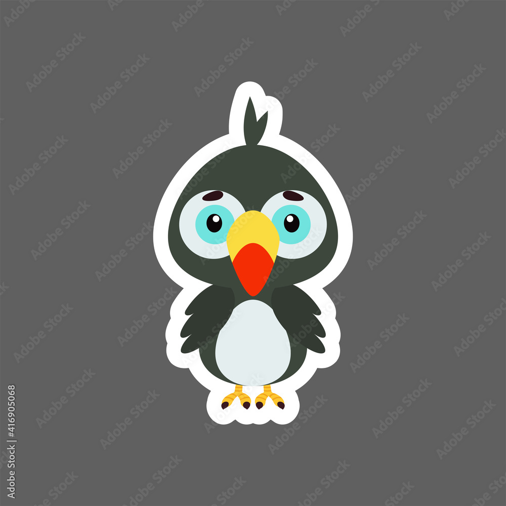 Cute little baby toucan sticker. Cartoon animal character for kids cards, baby shower, birthday invitation, house interior. Bright colored childish vector illustration in cartoon style.