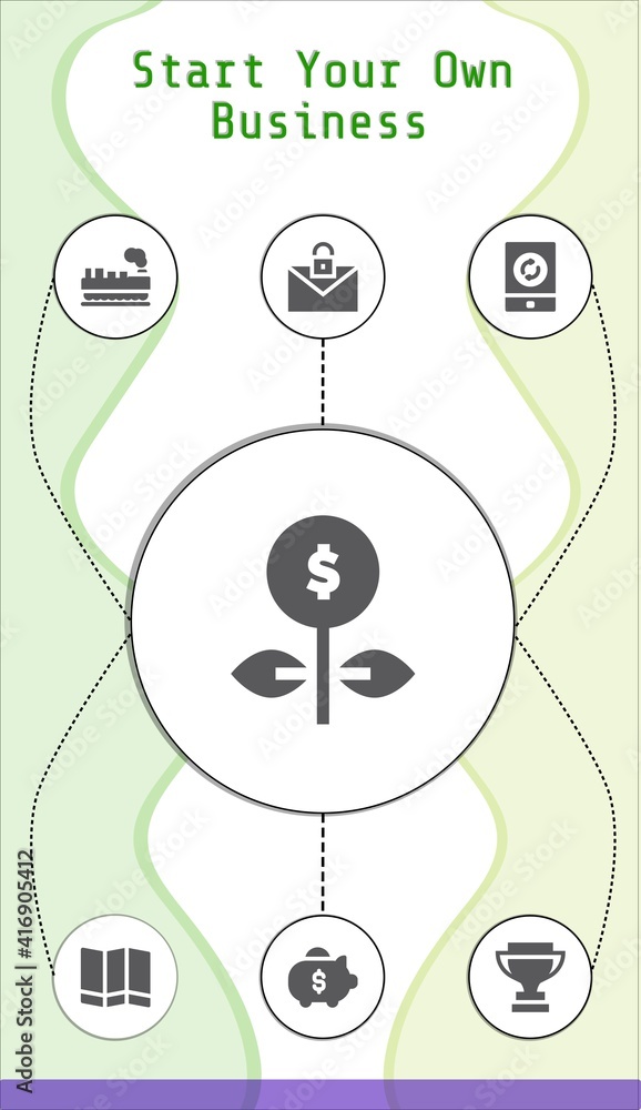 start your own business editable infographic template with icons of Cargo, Trophy, Email, Growth, Piggy bank, Smartphone, Map start your own business editable infographic template with icons of Cargo, Trophy, Email, Growth, Piggy bank, Smartphone, Map