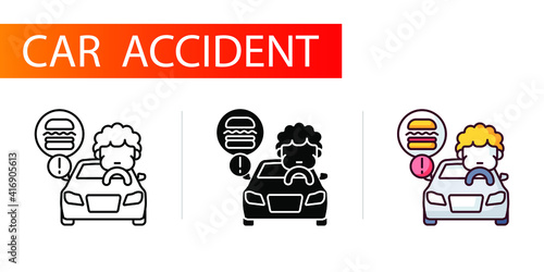 icons set, car accident, eating food while driving