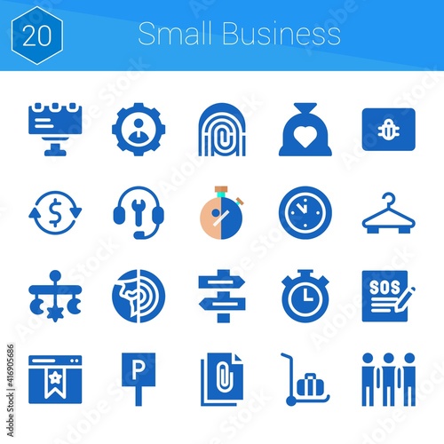 small business icon set. 20 filled icons on theme small business. collection of Group, Fingerprint, User, Support, Stopwatch, Parking, Customer support, Mobile, Spam