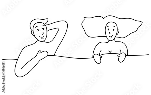 Line portrait. Couple in bed. Naked man and woman under the blanket. 