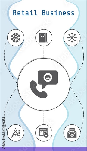 retail business editable infographic template with icons of Email, Casino, Networking, Web, Phone call, Shopping bag, Compass