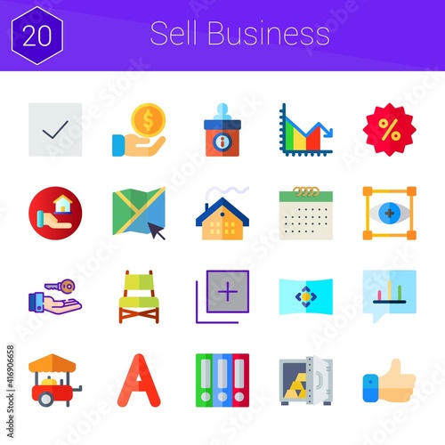 sell business icon set. 20 flat icons on theme sell business. collection of add, bubble speech, calendar, safebox, move, like, chair, focus, house, food cart, vocabulary, folder