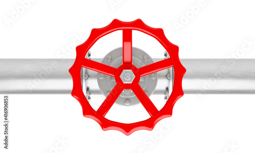 3D render glossy metal pipe with red valve from top view isolated on a white background.Illustration of a digital image for industrial.