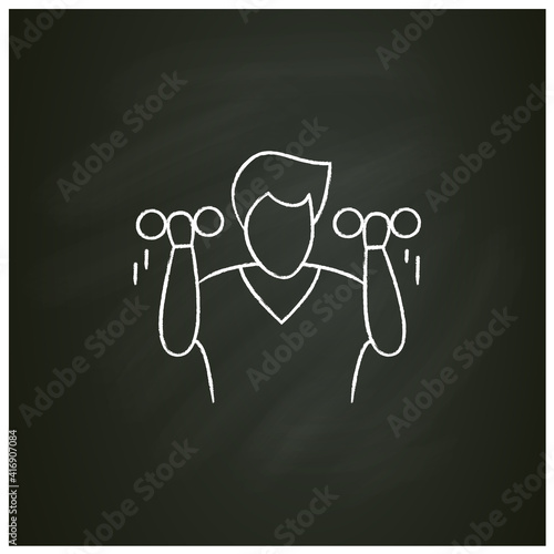 Exercise chalk icon. Man doing exercises, lifting dumb bells or bars. Concept filled flat sign for healthy lifestyle, fitness and self development practices. Isolated vector illustration on chalkboard