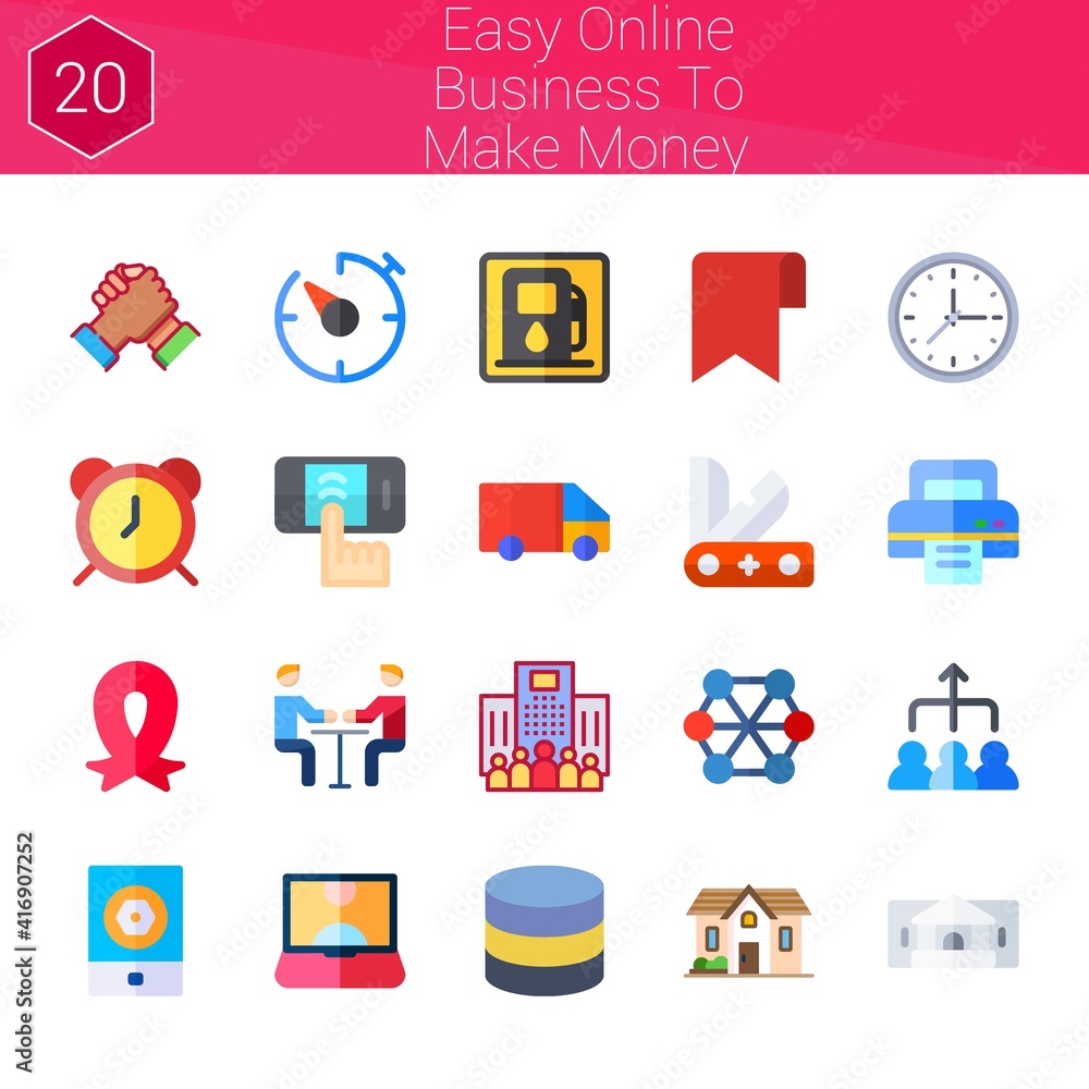 easy online business to make money icon set. 20 flat icons on theme easy online business to make money. collection of handshake, screen touch, enterprise, printer, ribbon easy online business to make money icon set. 20 flat icons on theme easy online business to make money. collection of handshake, screen touch, enterprise, printer, ribbon