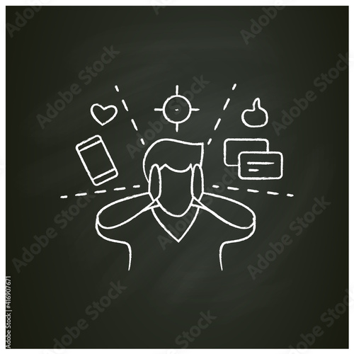 Attention focus chalk icon. Man limiting attention and ignoring social media distractions. Sign for mindfulness practice and productive thinking. Isolated vector illustration on chalkboard