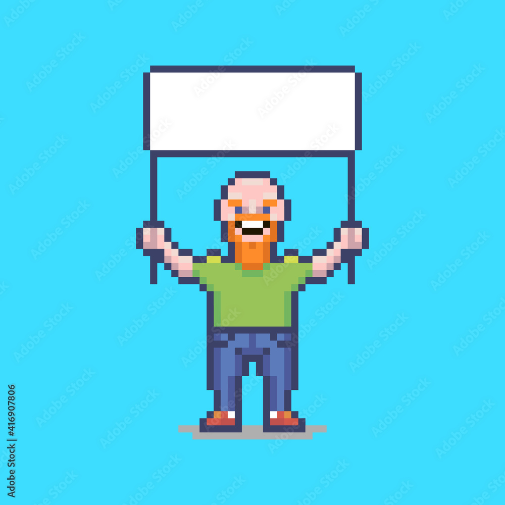 colorful simple flat pixel art illustration of smiling bald guy with a white blank poster in his hands colorful simple flat pixel art illustration of smiling bald guy with a white blank poster in his hands
