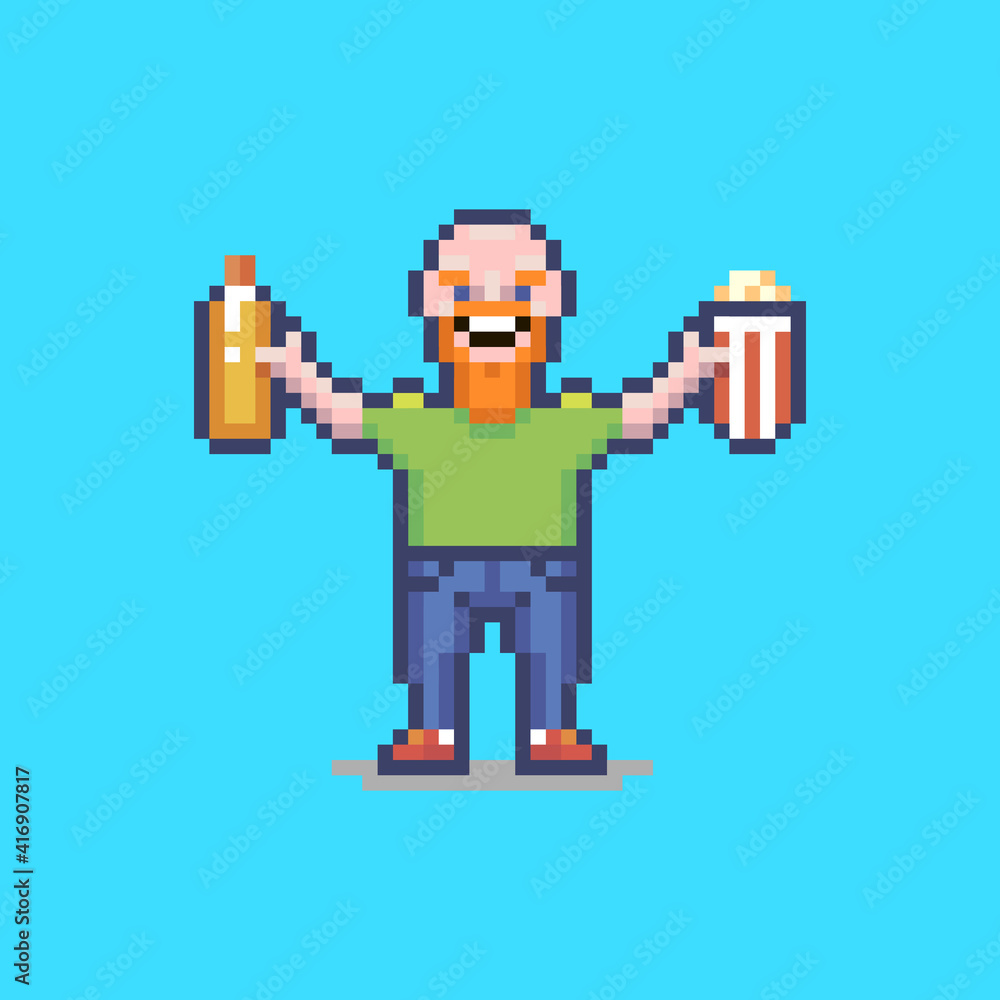 colorful simple flat pixel art illustration of smiling bald guy with a French hot dog and a pack of popcorn in his hands colorful simple flat pixel art illustration of smiling bald guy with a French hot dog and a pack of popcorn in his hands