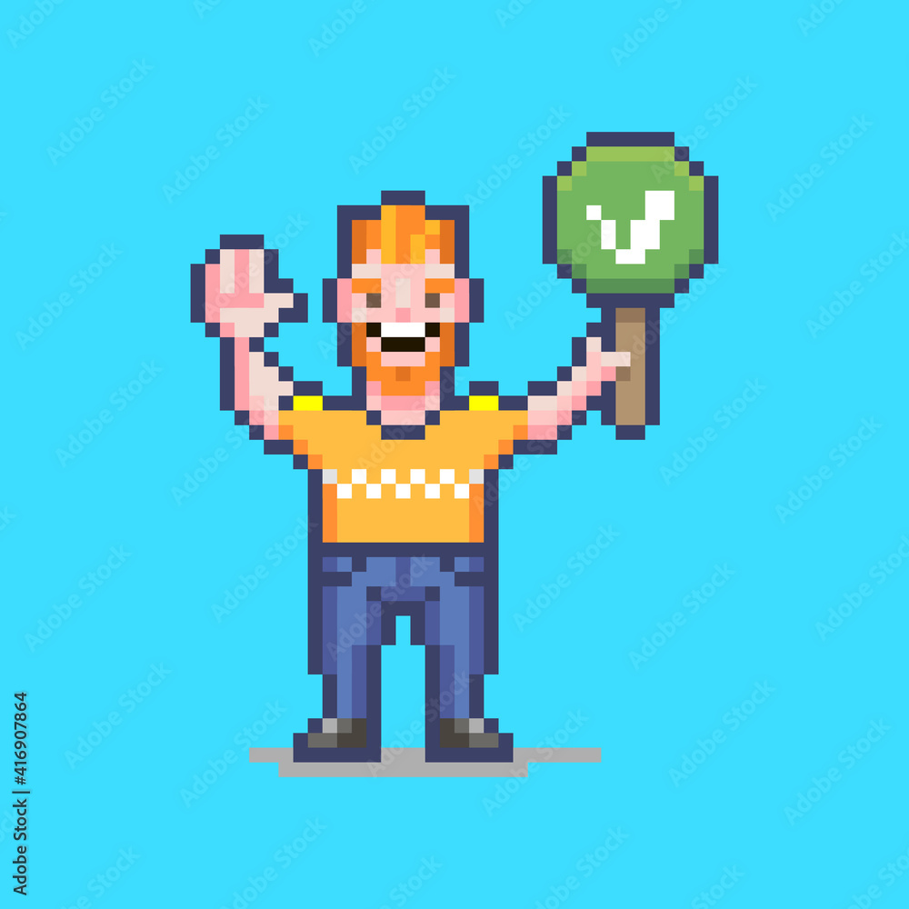 colorful simple flat pixel art illustration of smiling guy holding a green sign with a white tick on it