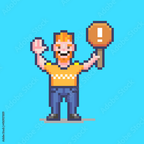 colorful simple flat pixel art illustration of smiling guy holding an orange sign with a white exclamation mark on it