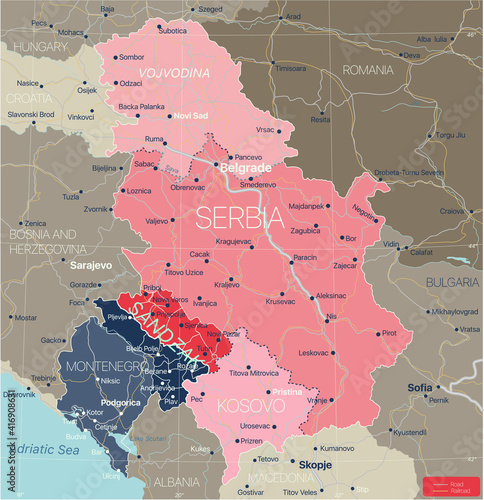 Sanjak region in Serbia and Montenegro, detailed editable map with regions cities and towns, roads and railways, geographic sites. Serbia Kosovo and Montenegro map. Vector EPS-10 file photo