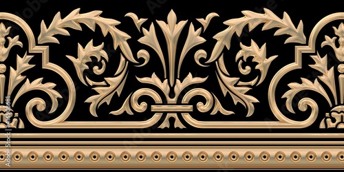 3d illustration of golden floral ornaments on black background