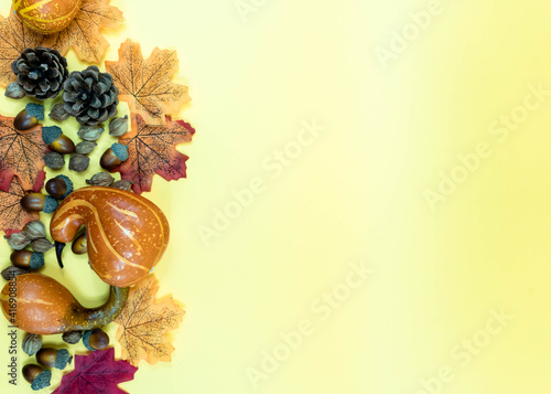 Autumn still life with pumpkins and leaves on yellow background. Autumn background image with copy space