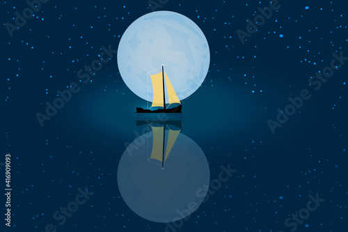 Yellow sailboat and starry sky with full moon reflected in calm sea. Night nature seascape. Boat in ocean in the moonlight and stars. Romantic landscape with ship. Marine sailing. Vector illustration