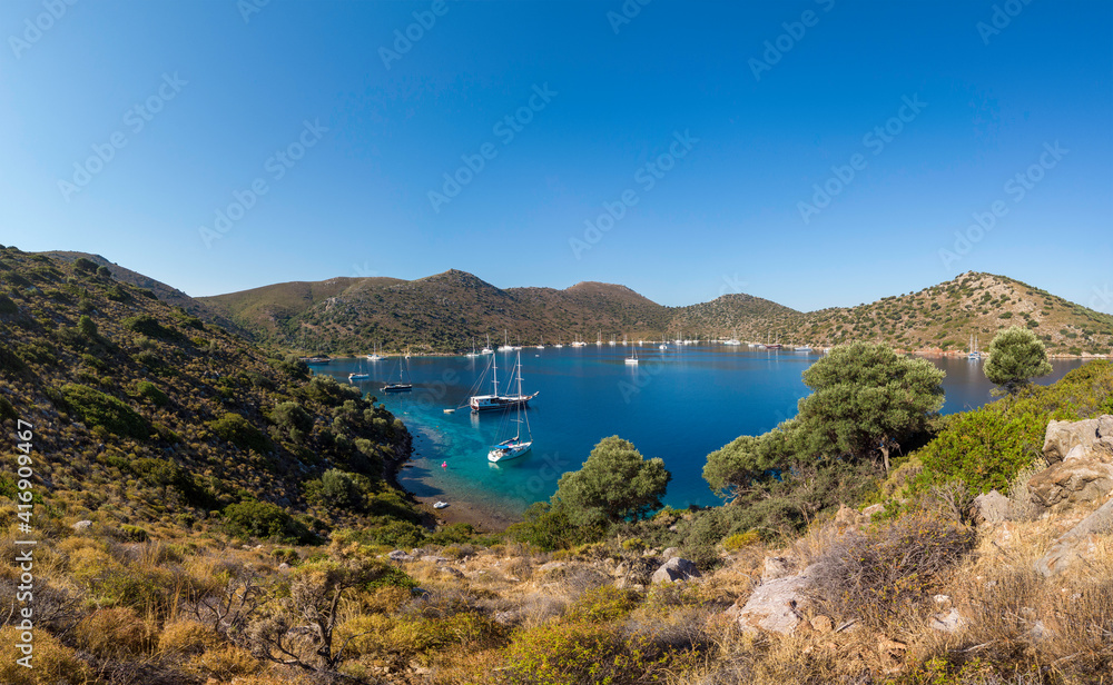 Summer sailing concept: A peaceful bay in the Aegean area with many moored yachts in tranquil waters on a sunny day. Turquoise blue sea with copy space. Green trees on bottom frame