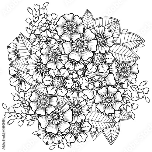 Mehndi flower for henna, mehndi, tattoo, decoration. decorative ornament in ethnic oriental style. doodle ornament. outline hand draw illustration. coloring book page.