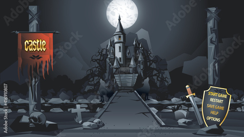 Medieval castle in the mountains at night, can be used as a cover for a computer game.