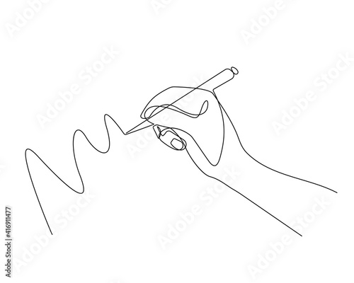Hand Writes Continuous Line Art Drawing. Writing Hand One Line Illustration. Minimalistic Black Lines Drawing. Vector EPS 10