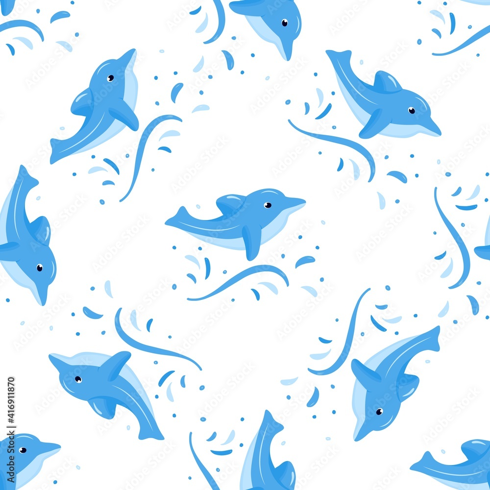 Seamless pattern with blue funny dolphin. Vector background. Baby fabric textile. Summer backdrop. For wrapping, package product, t shirt clothes print. Seamless pattern with blue funny dolphin. Vector background. Baby fabric textile. Summer backdrop. For wrapping, package product, t shirt clothes print.