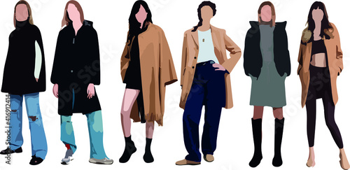 Set of women standing and wearing coat, in various poses, cartoon character, people, business, group, vector silhouette, flat design icon, different colors, isolated on white background 
