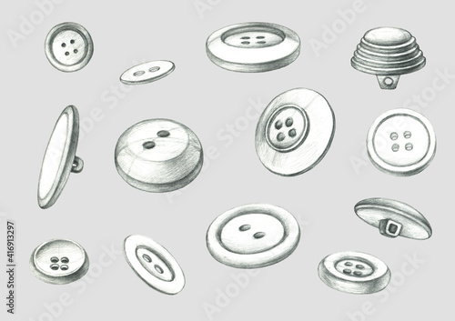 Foto Buttons for clothing. Set. Hand drawing.  Object. Isolated.