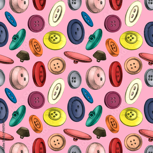 Fototapeta Naklejka Na Ścianę i Meble -  Colorful buttons for clothing on a pink background. Seamless pattern. Hand drawing.