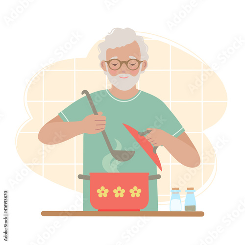 Man in the kitchen. Old man makes soup. Concept for a retired person who is engaged in household chores.