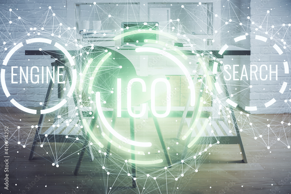 Double exposure of crypto technology theme drawing and office interior background. Concept of blockchain. Double exposure of crypto technology theme drawing and office interior background. Concept of blockchain.