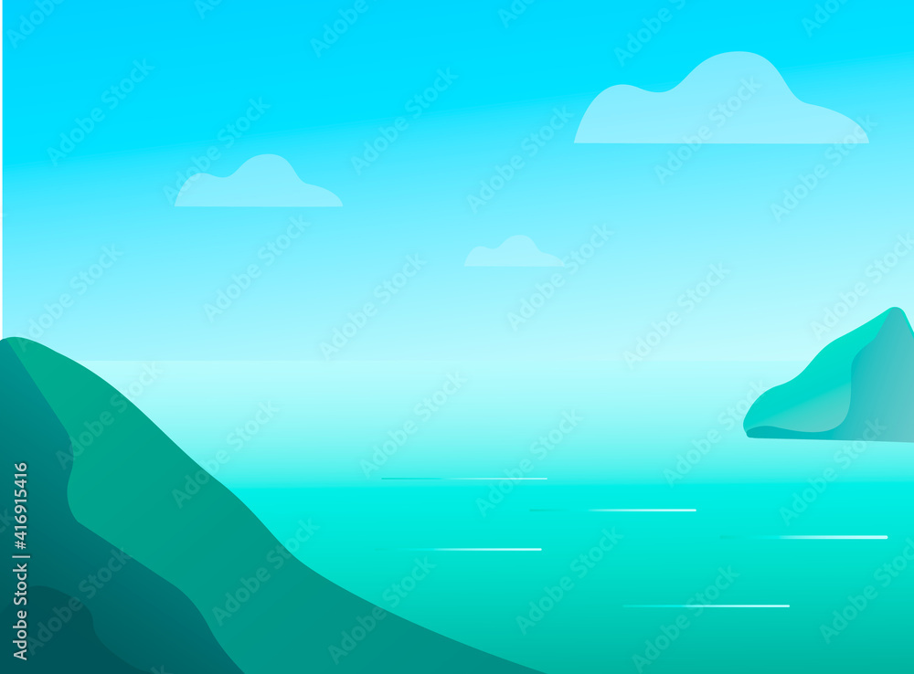 Vector calm sea landscape in the early morning in clear weather. Minimalistic style illustration with gradients. Vector calm sea landscape in the early morning in clear weather. Minimalistic style illustration with gradients.