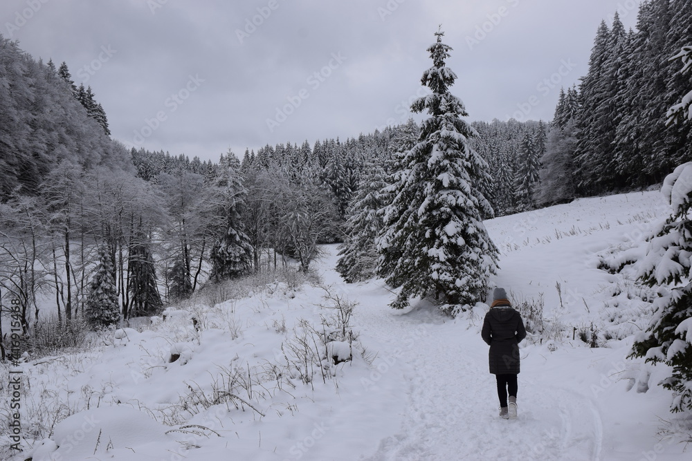 Woman walks in winter