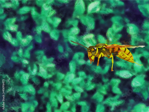 Wasp in flight. Close-up. Artistic work