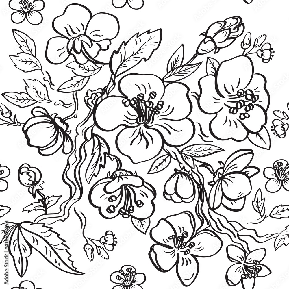 Cute hand drawn Seamless pattern with sakura flowers. Cherry tree. Black and white illustration on a white background.