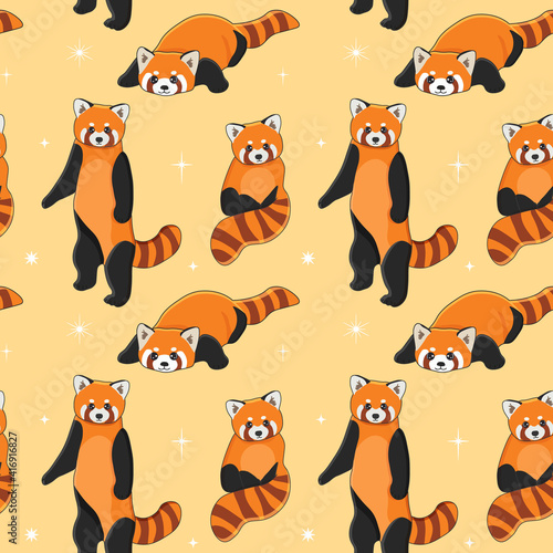 Seamless pattern of cute red panda in different poses. Cartoon design animal character flat vector style. Baby texture for fabric, wrapping, textile, wallpaper, clothing.