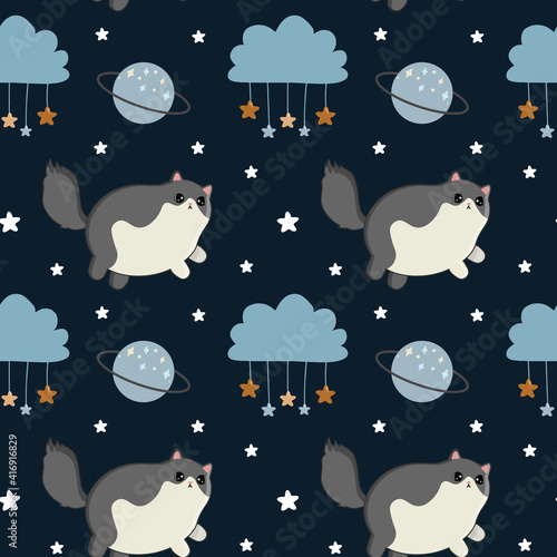 Seamless vector pattern with cat, stars, and planet. Trendy baby texture for fabric, wallpaper, apparel, wrapping.